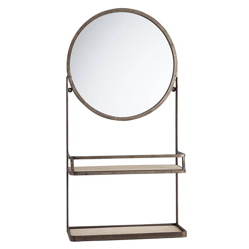 Round Mirror with Shelves, Feathered Farmhouse