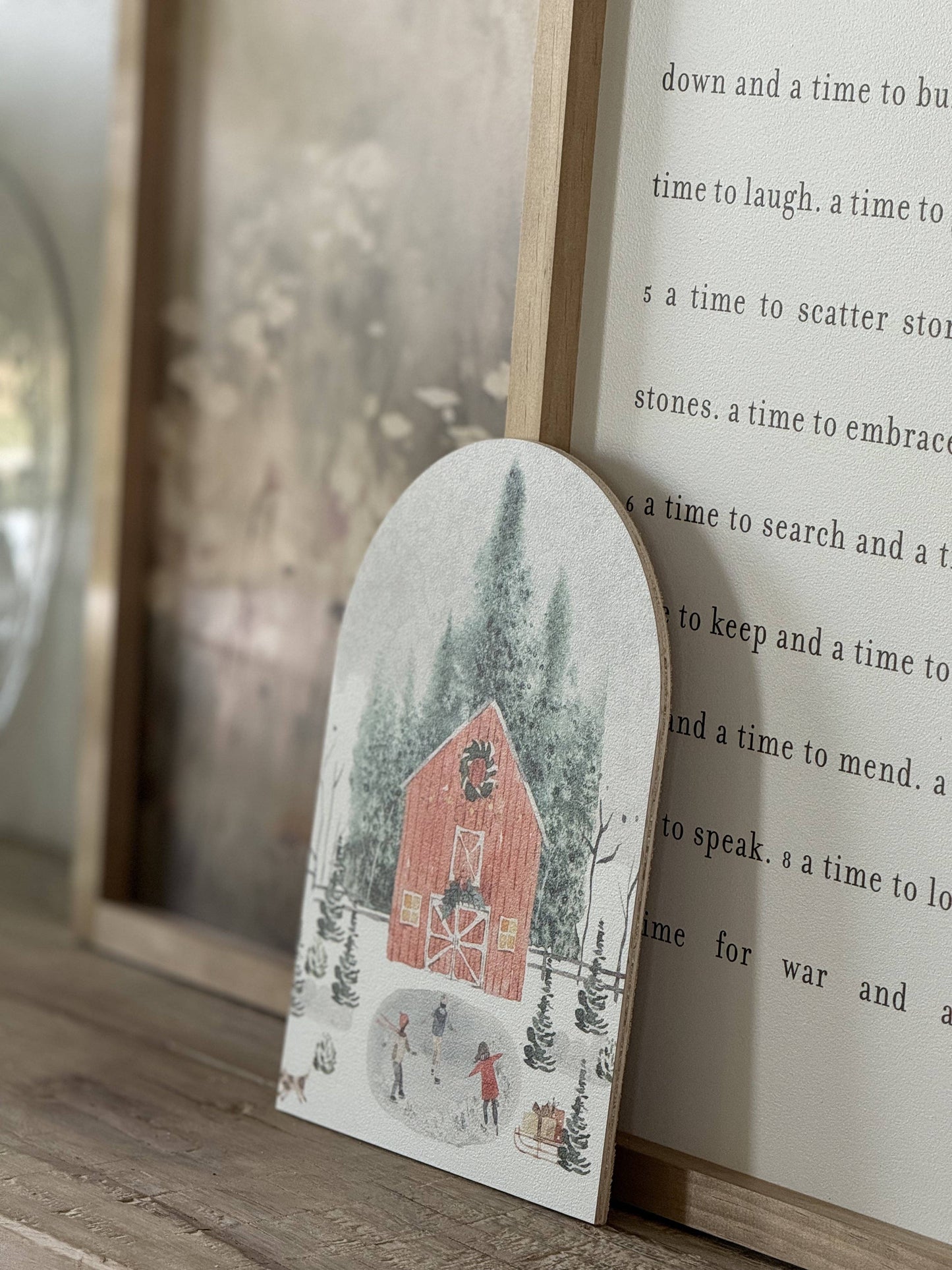 Large Winter Barn Scene Arch, Feathered Farmhouse