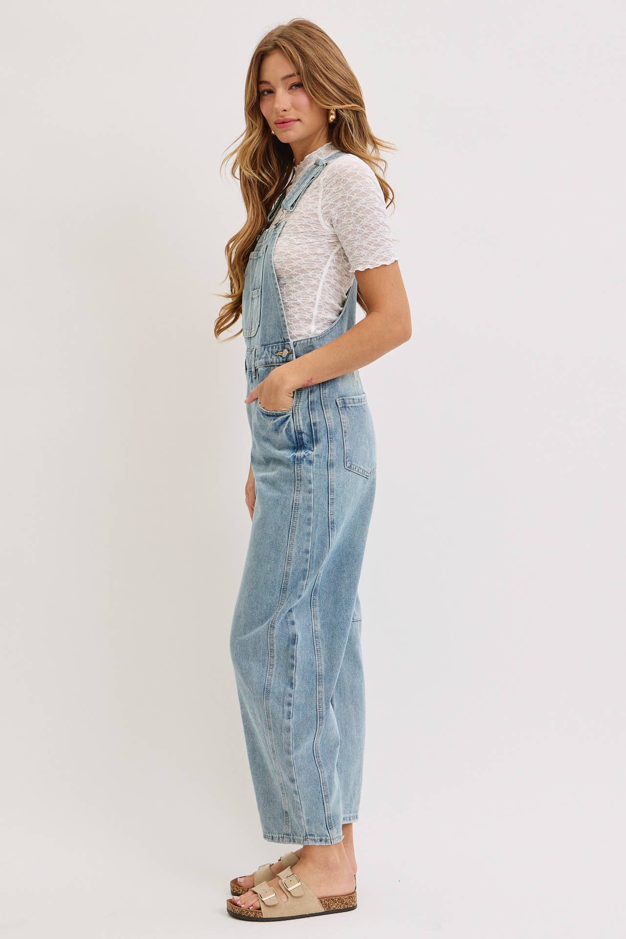 Barrel-Leg Denim Jumpsuit, Feathered Farmhouse