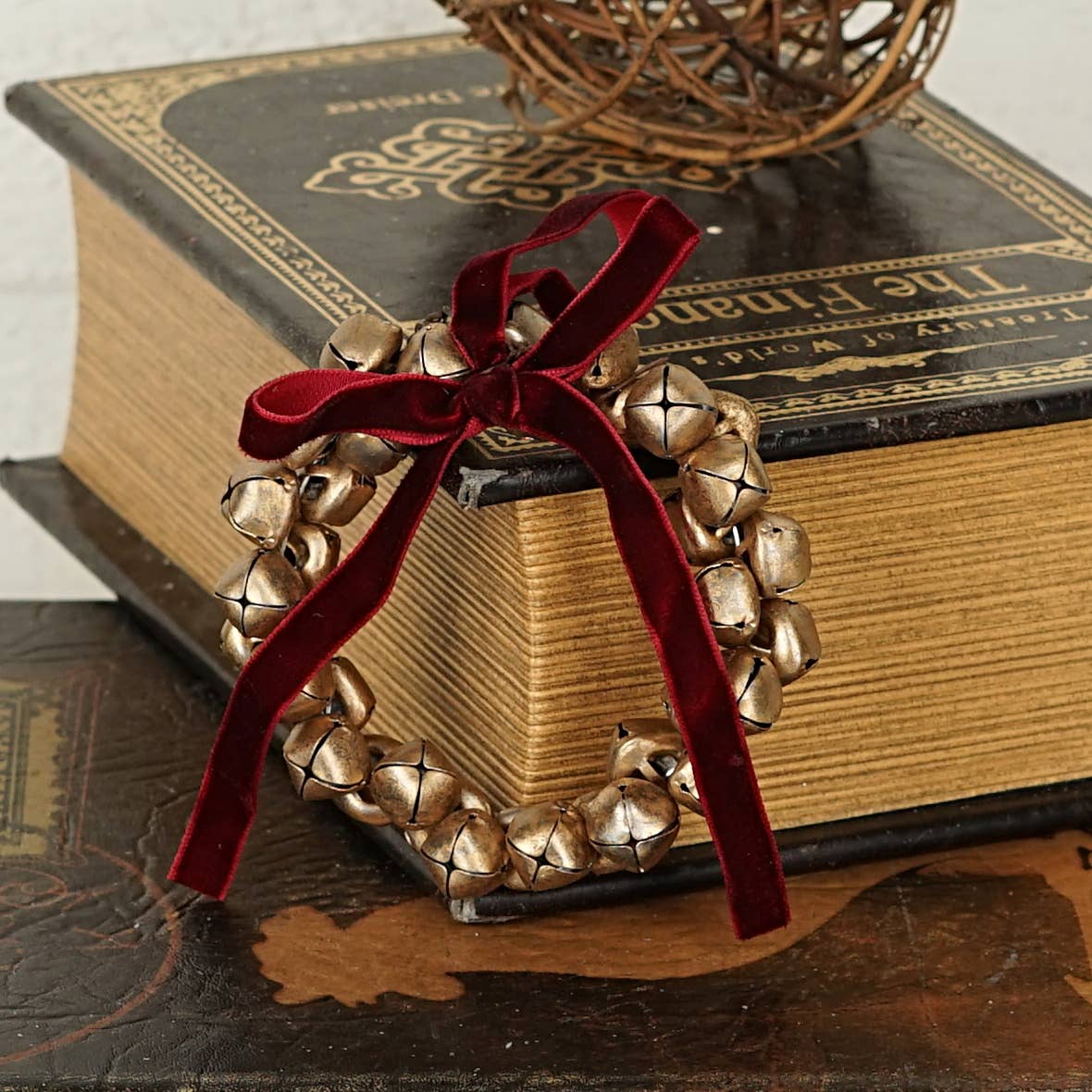 Golden Bell with Burgundy Ribbon Ornament, The Feathered Farmhouse