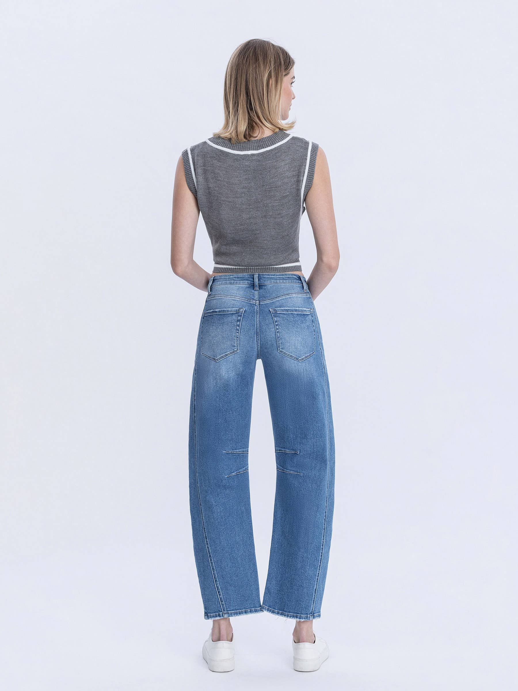 High Rise Medium Wash Crop Barrel Jeans, Feathered Farmhouse
