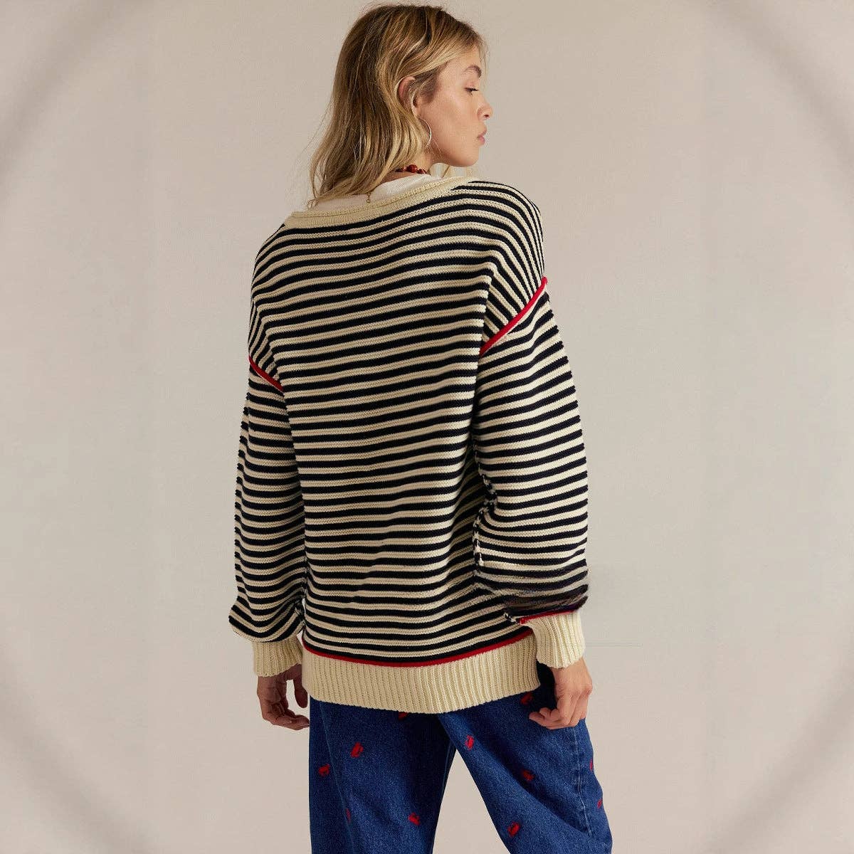 Striped Crewneck Knit Sweater, Feathered Farmhouse