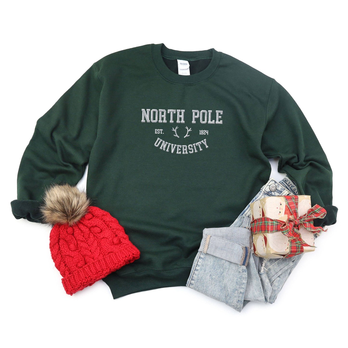 Embroidered North Pole University Sweatshirt, Feathered Farmhouse