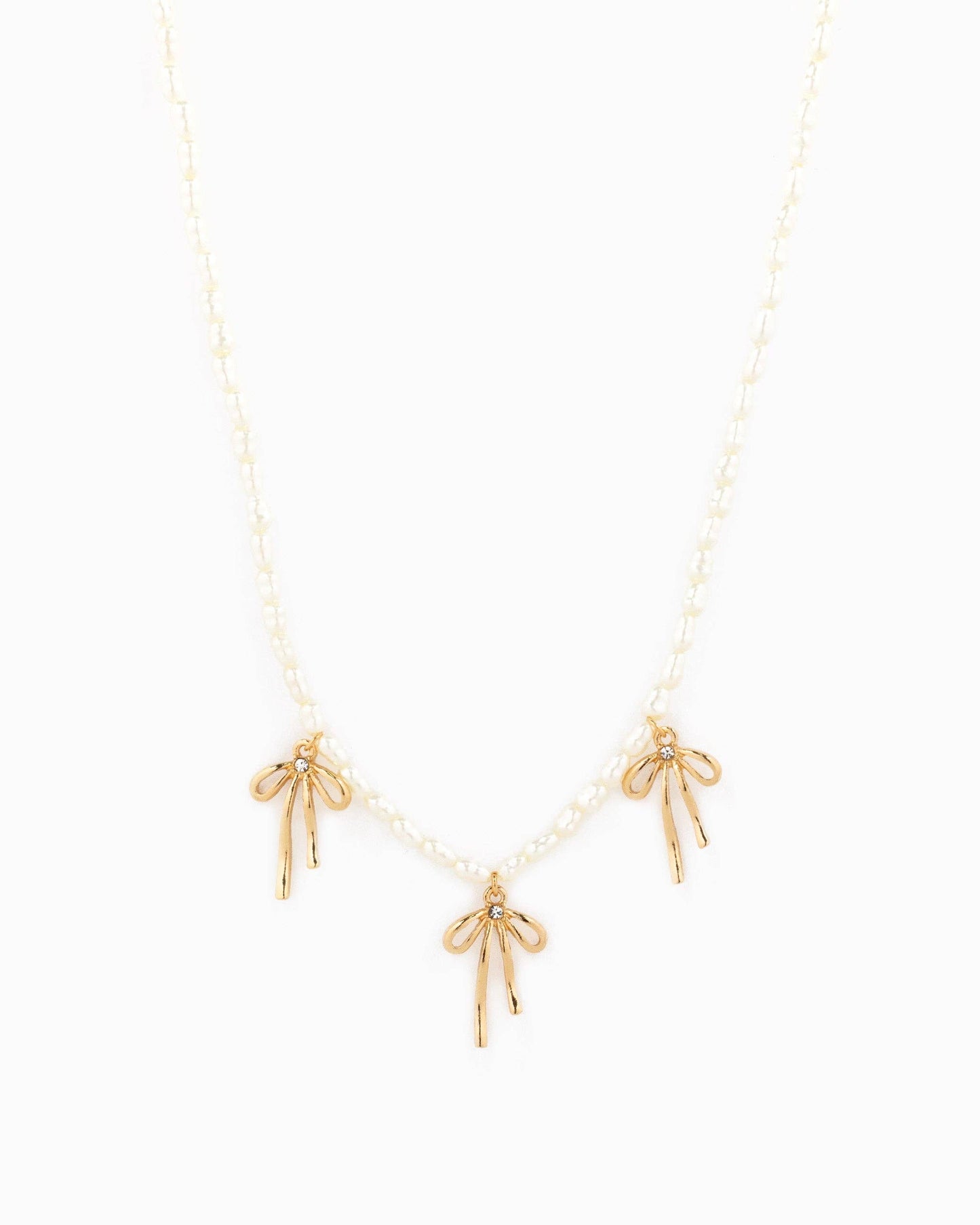 Triple Natural Bow Station Pendants Pearl Necklace, Feathered Farmhouse