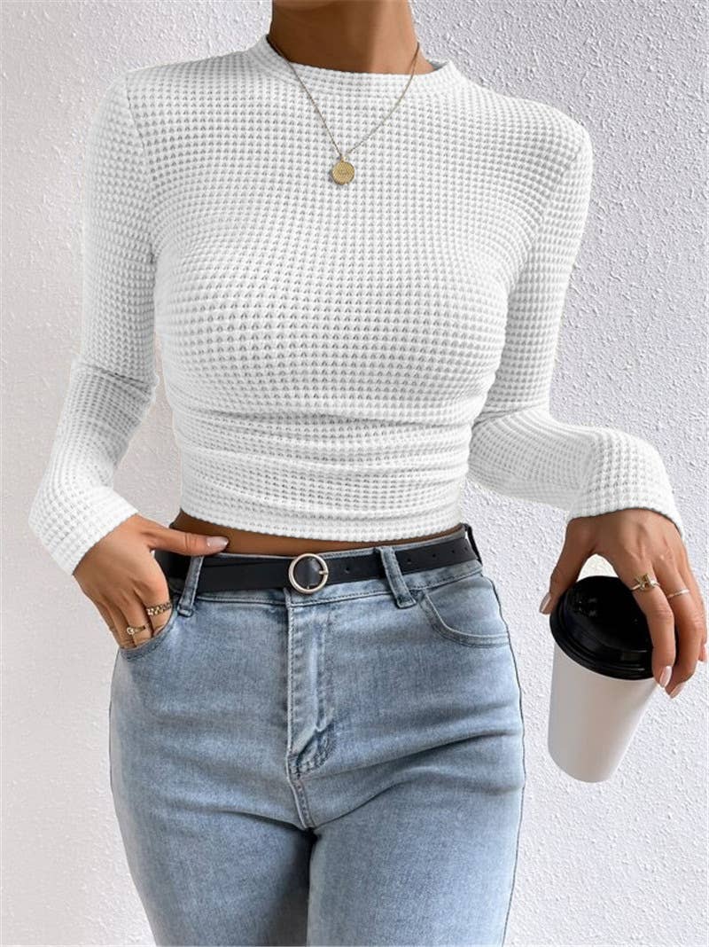 White Plain Waffle Fitted long Sleeve Top, Feathered Farmhouse