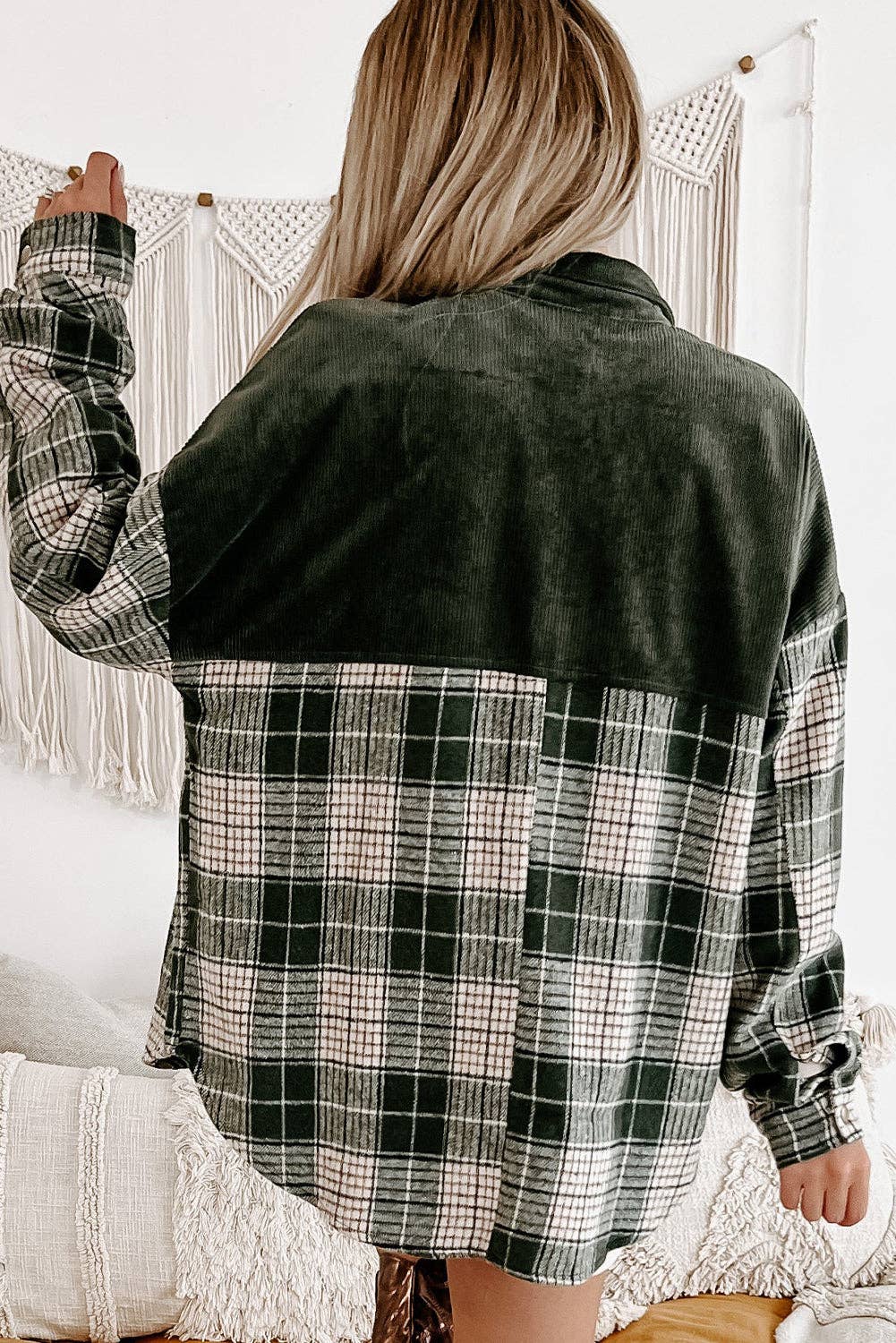 Blackish Green Snap Buttons Colorblock Plaid Shacket, Feathered Farmhouse