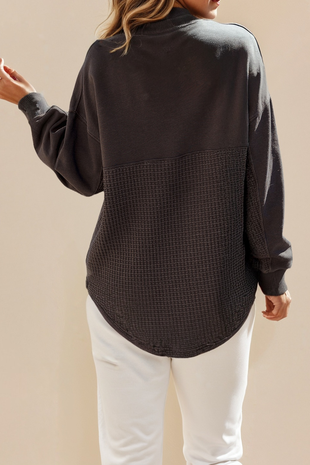 Western Waffle Knit Patchwork Half Zipped Casual Sweatshirt, Feathered Farmhouse