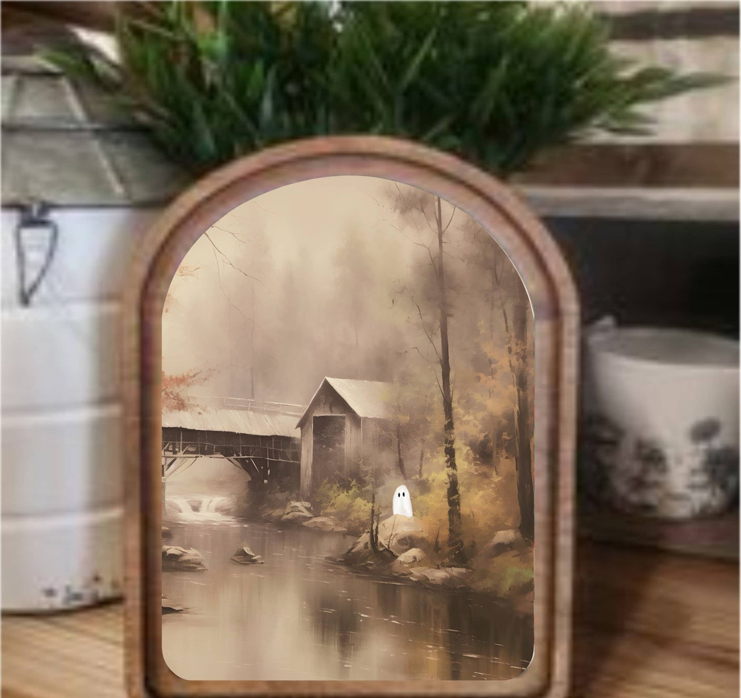 Riverside Ghost Framed Art Arch Top, Feathered Farmhouse