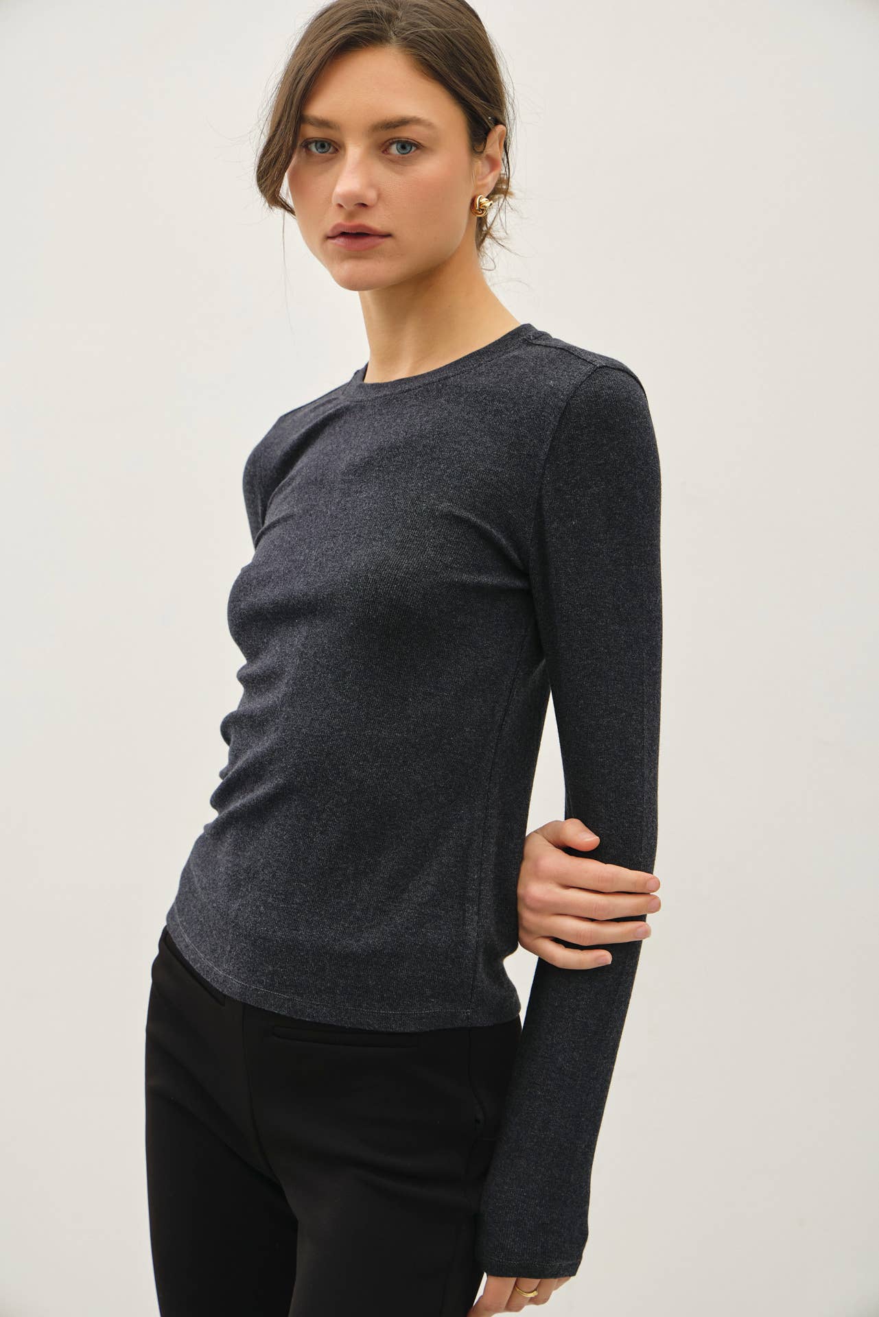 Ribbed Crewneck Long Sleeve Top, Feathered Farmhouse