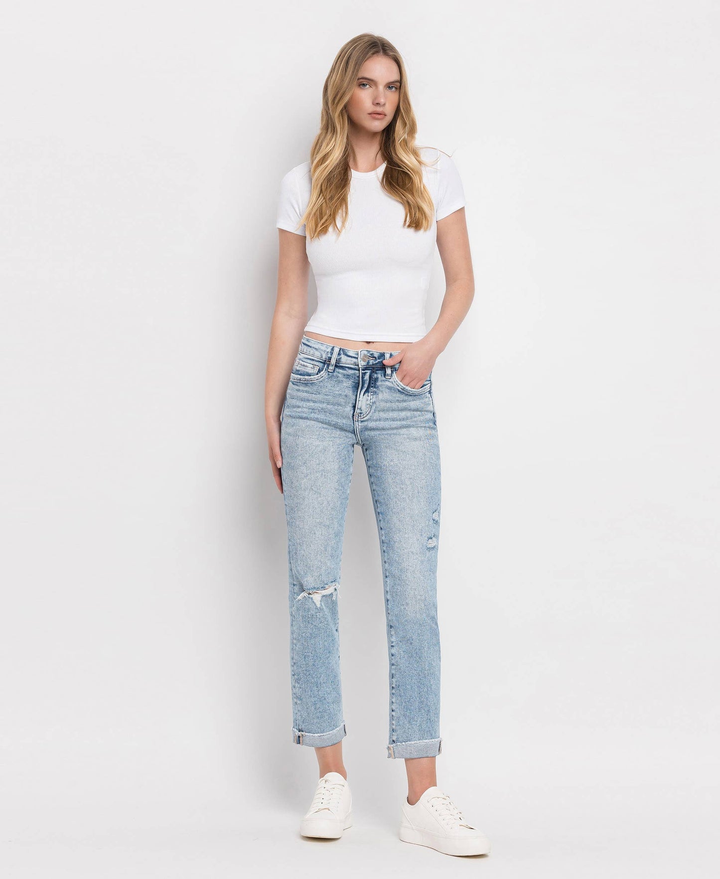 Tummy Control High Rise Cuff Slim Straight Jeans, Feathered Farmhouse