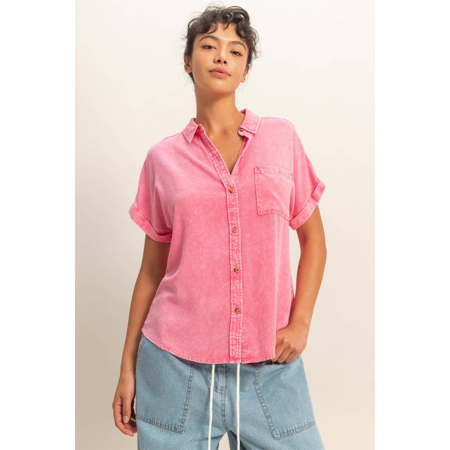 Mineral Wash Button-Up Dolman Sleeve Shirt, Feathered Farmhouse