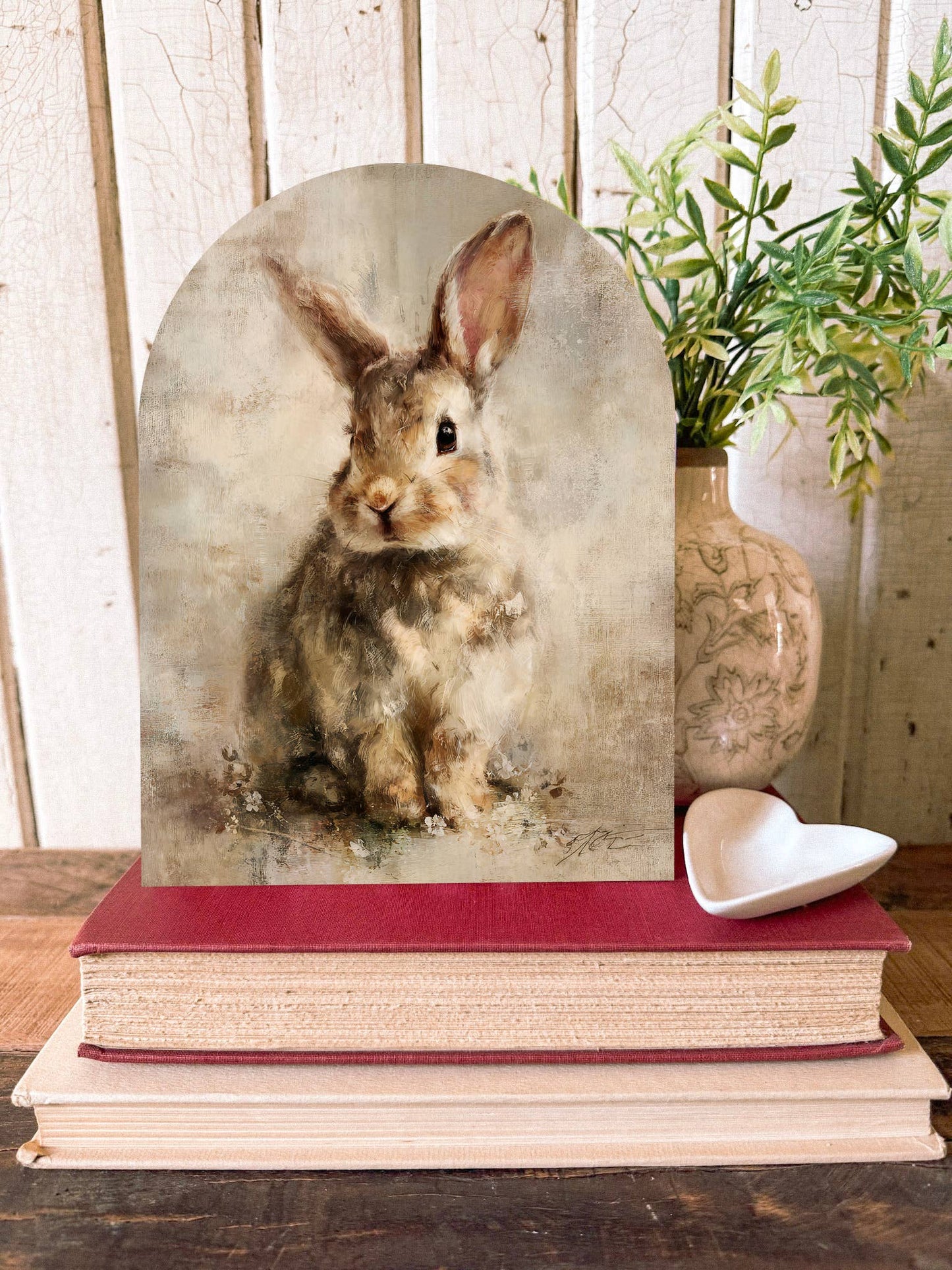 Neutral Rabbit Arched Wood Sign Shelf Sitter, Feathered Farmhouse