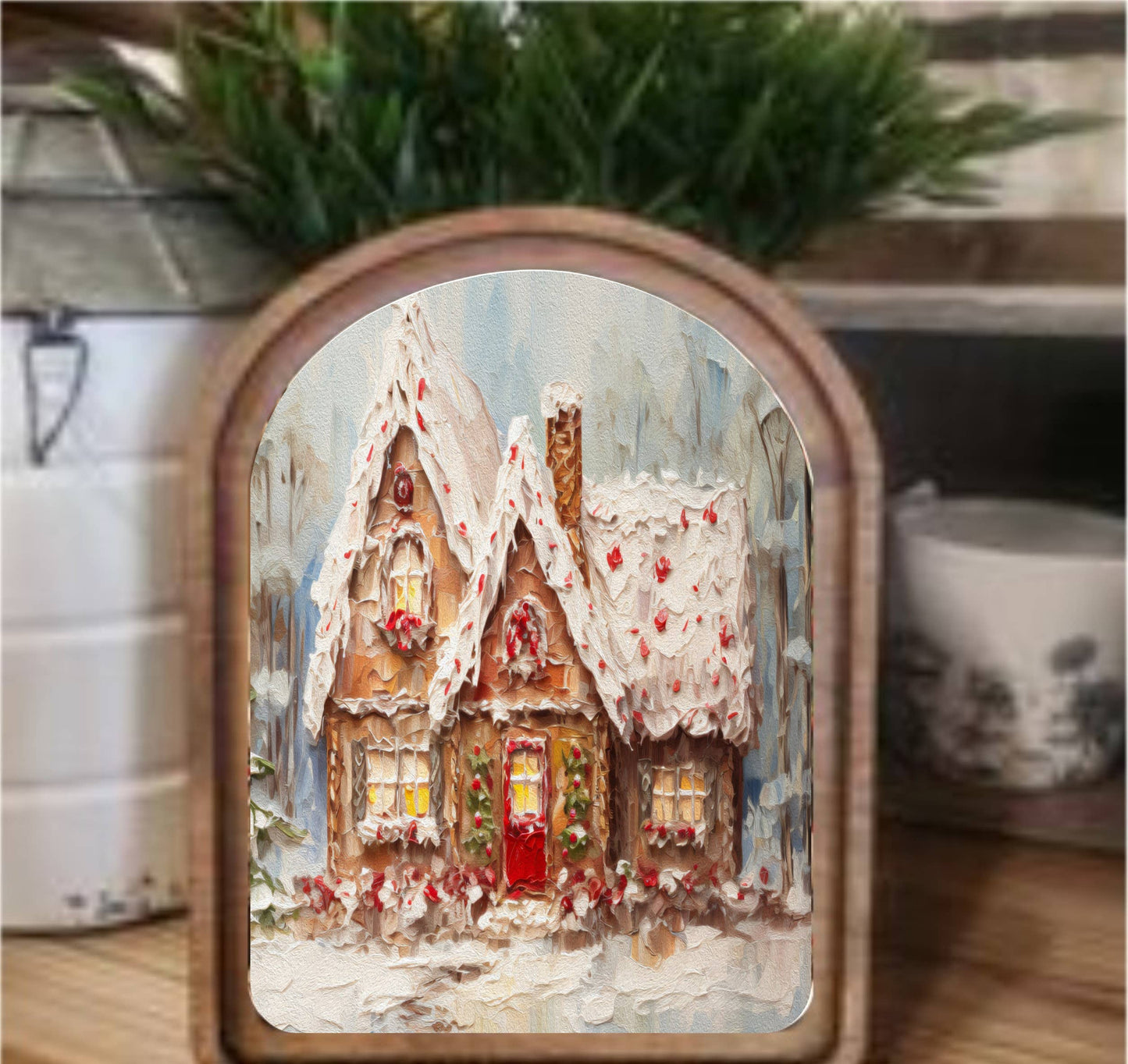 Gingerbread Cottage Framed Art Arch Top, Feathered Farmhouse