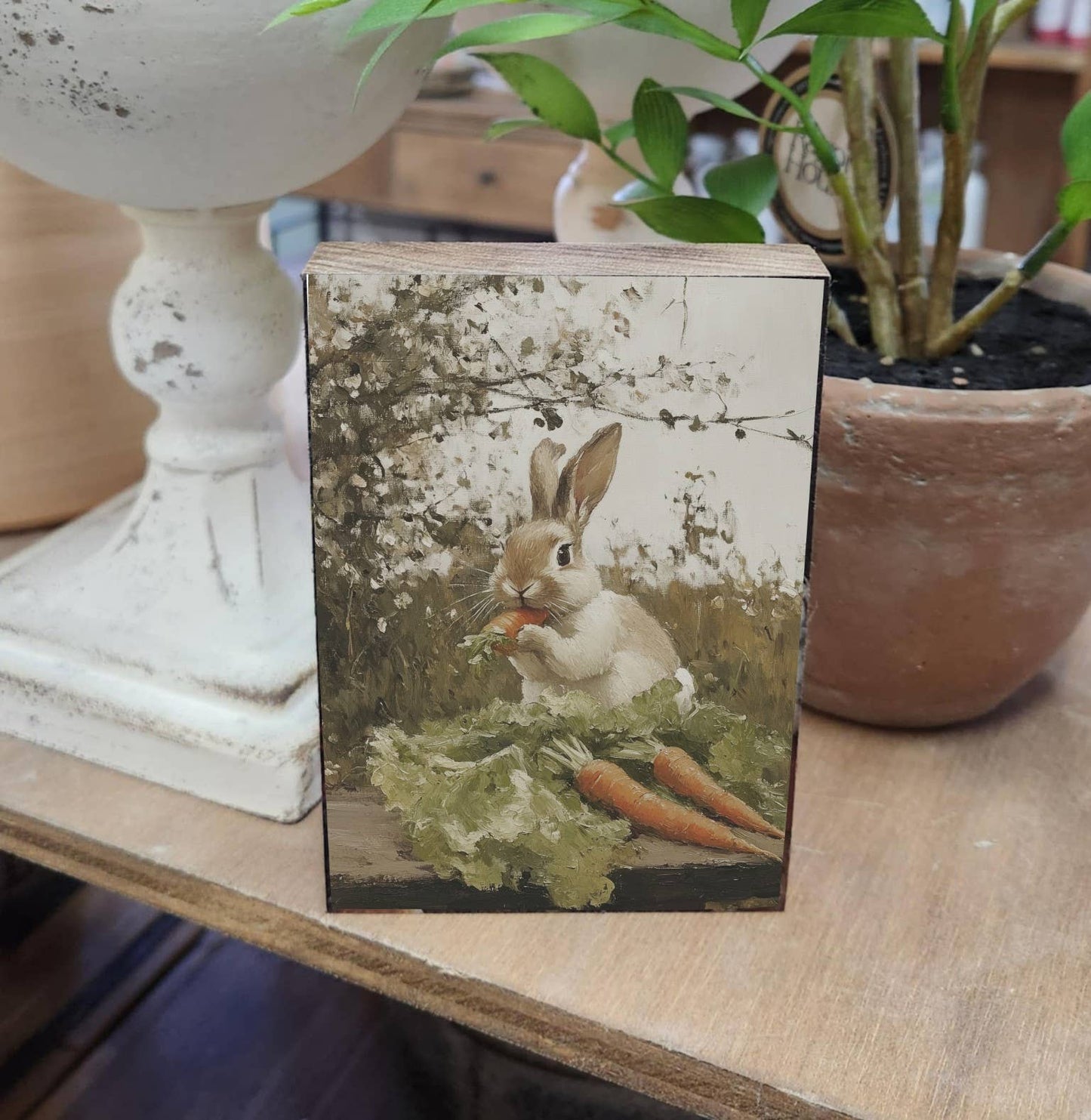 Bunny with Carrots Printed Block, Feathered Farmhouse