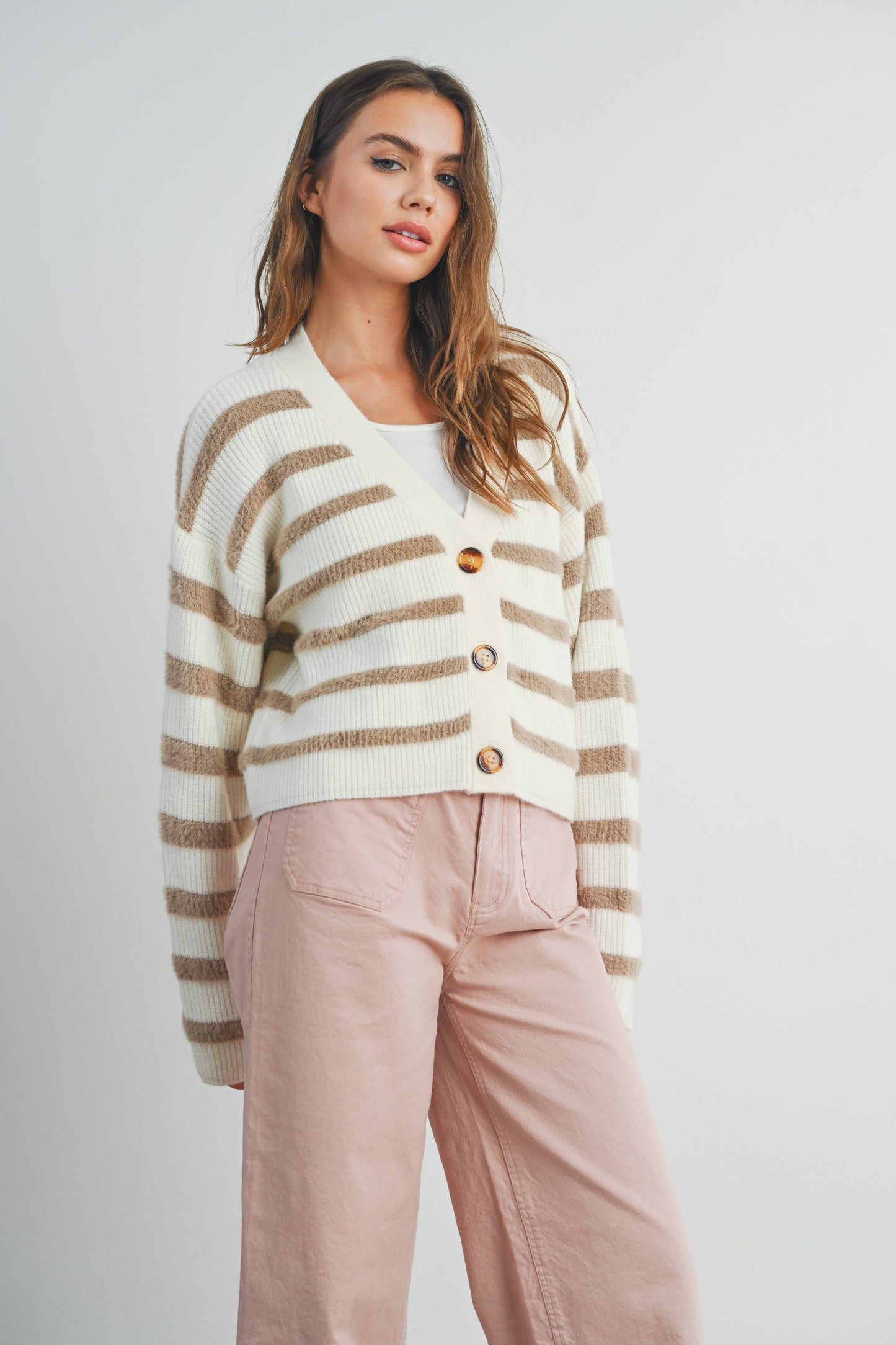 Striped Button Front Long Sleeve Cardigan, Feathered Farmhouse
