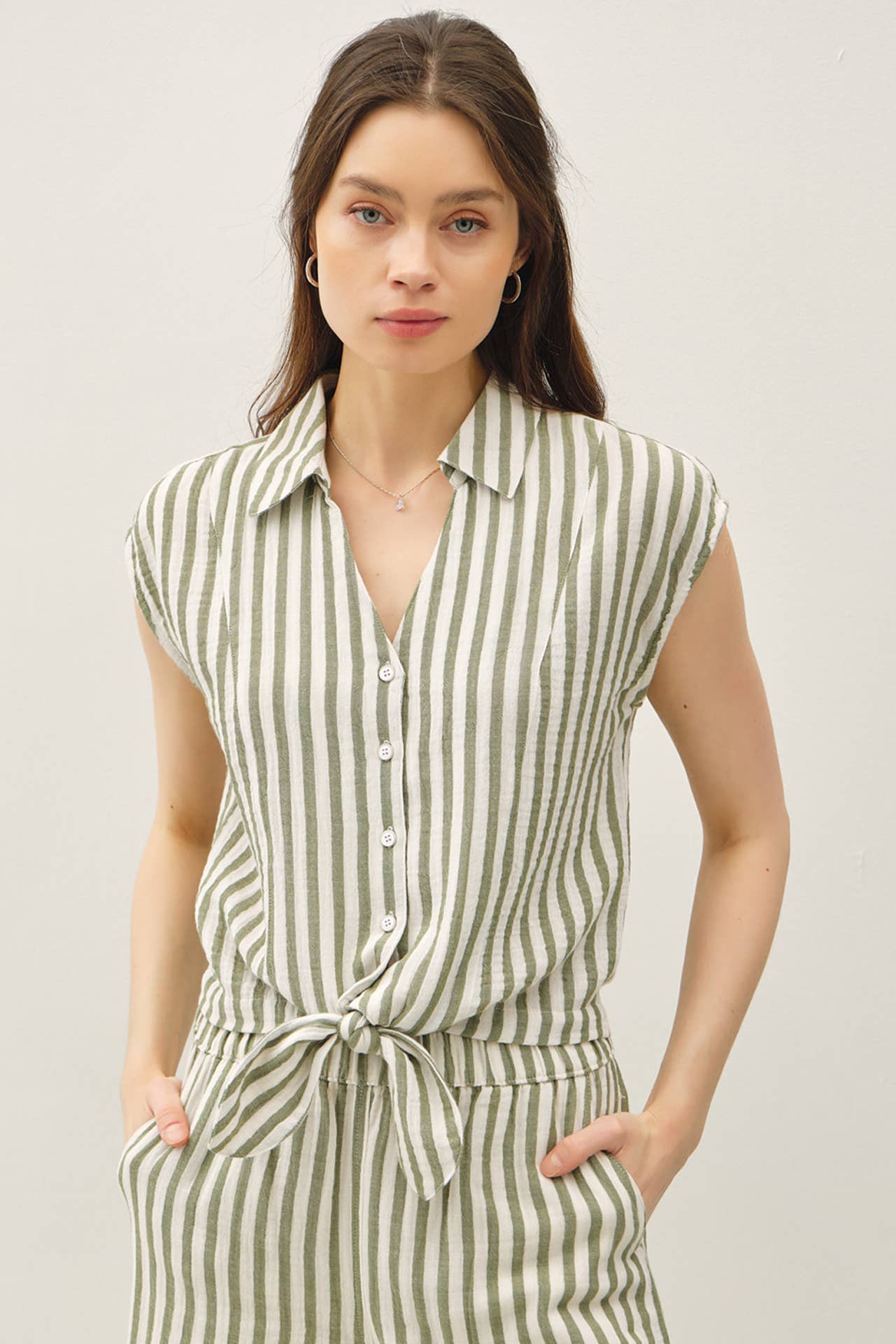 Striped Cotton Gauze Front Tie Shirt, Feathered Farmhouse
