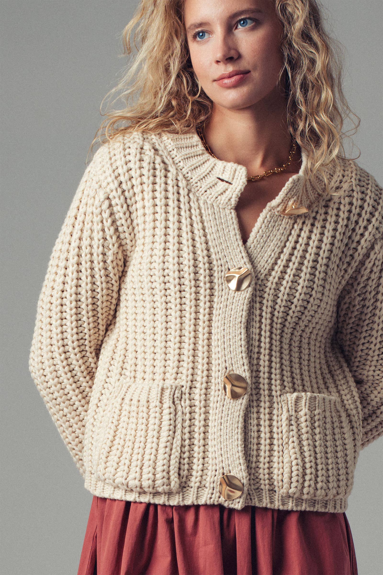 Chunky Gold Button Ribbed Knit Cardigan, Feathered Farmhouse