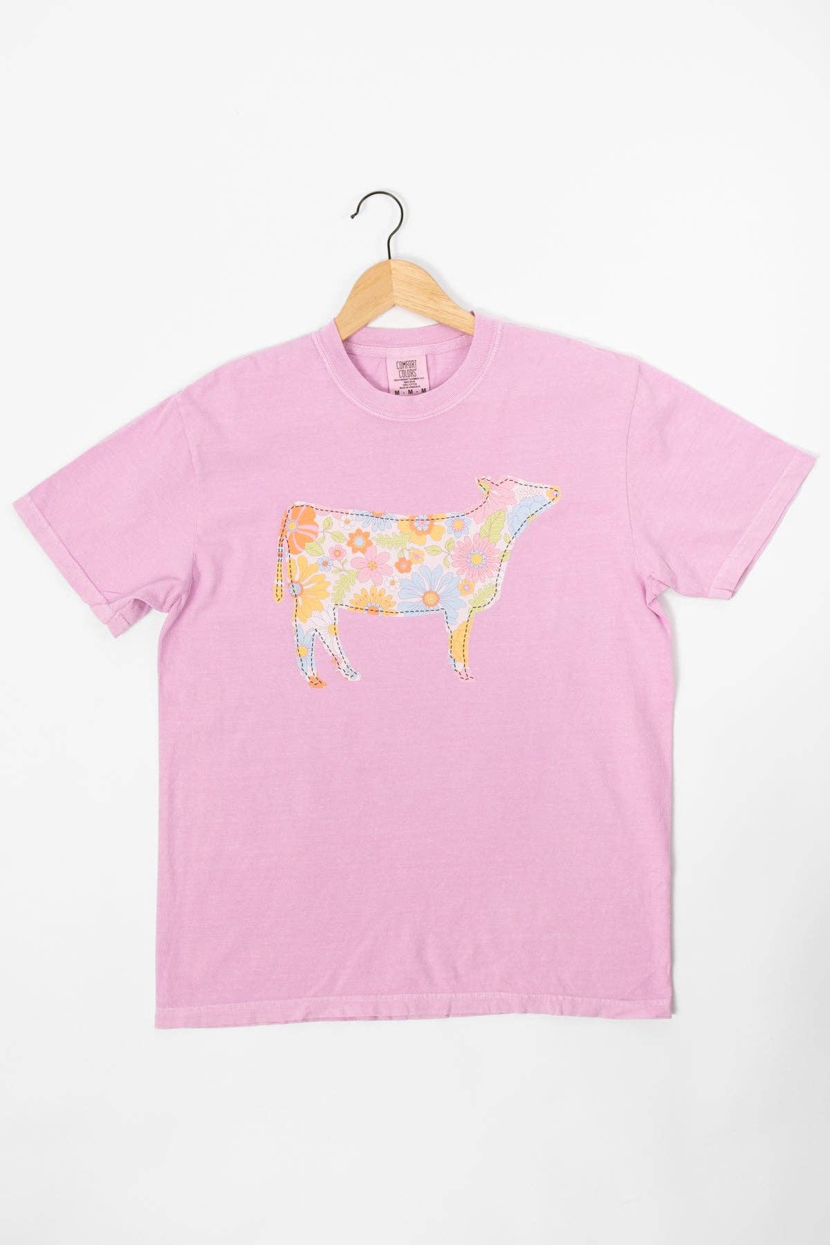 Spring Retro Floral Cow Graphic Tee, Feathered Farmhouse