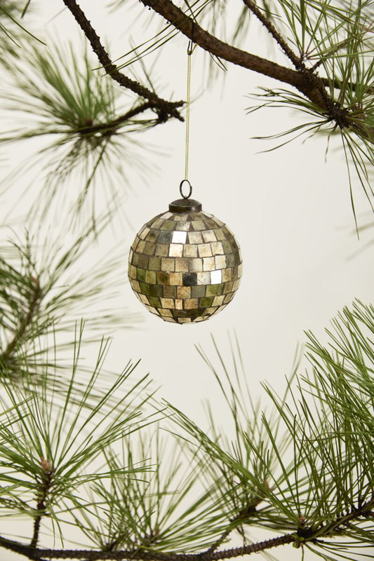 Antiqued Disco Ball Ornament, Feathered Farmhouse