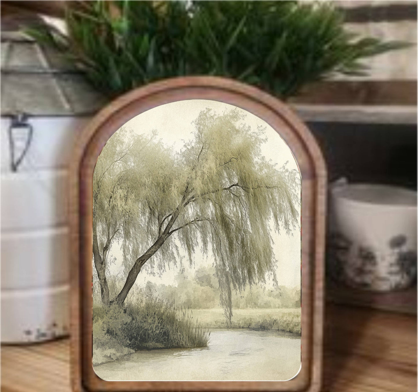 Willow Tree Framed Art Arch Top, Feathered Farmhouse