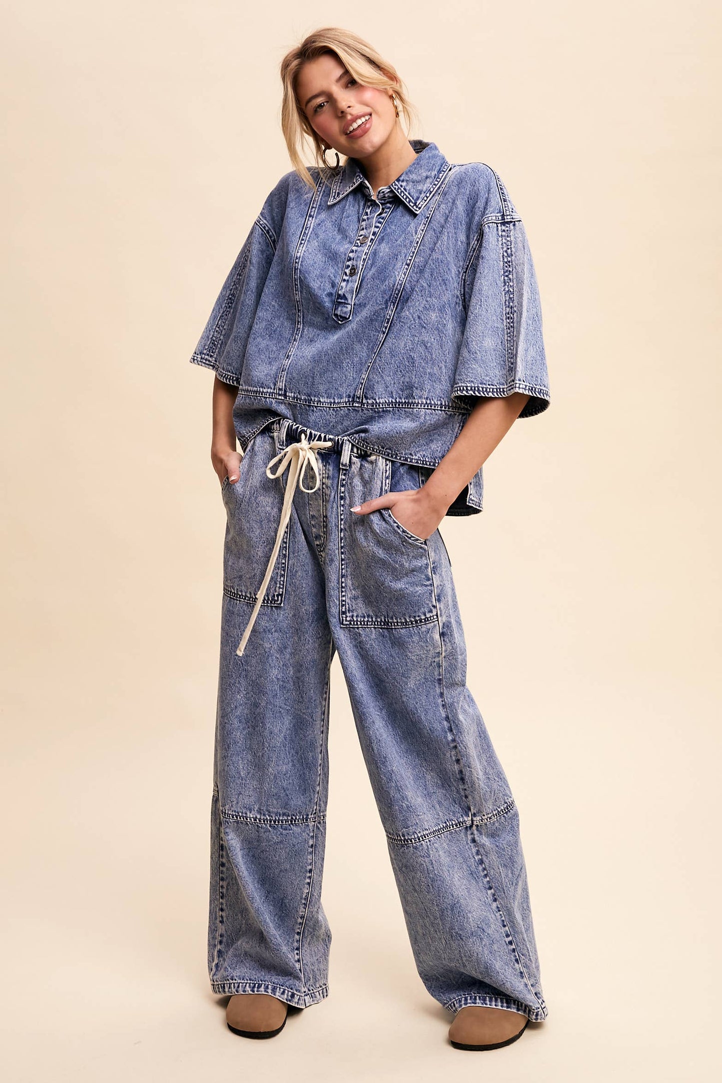 Denim Collared Oversized Top, Feathered Farmhouse