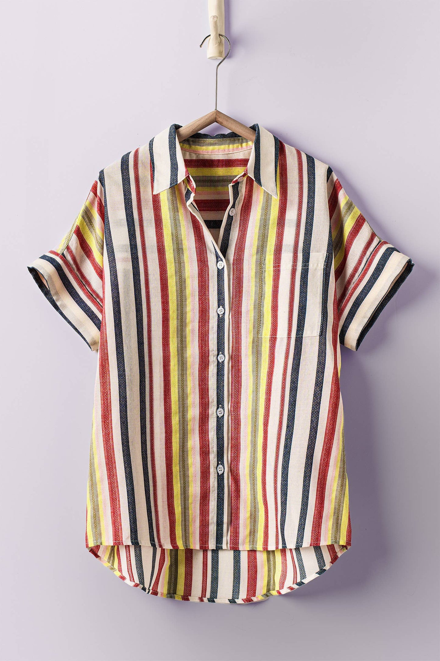 Vibrant Vertical Stripe Relaxed Collar Shirt, Feathered Farmhouse