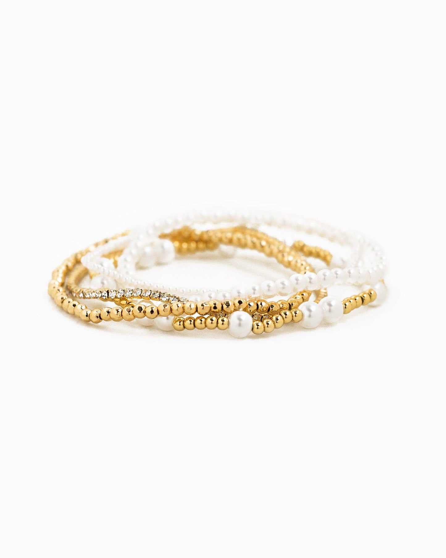 Unique Gold Ball Bead and Pearl Stretch Bracelet Set, Feathered Farmhouse