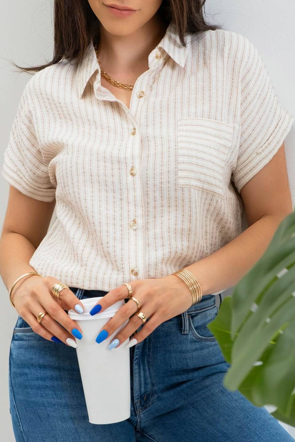 Khaki Stripe Collared Shirt, Feathered Farmhouse