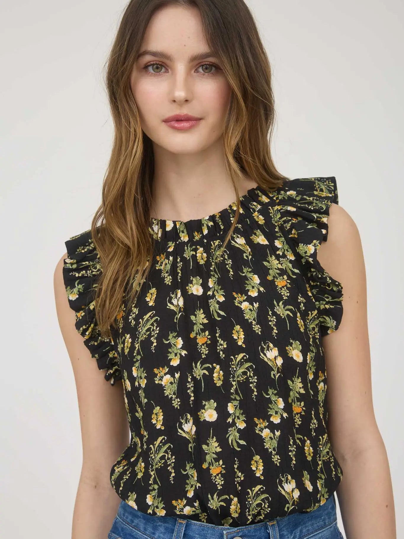 Floral Ruffle Detail Sleeveless Top, Feathered Farmhouse