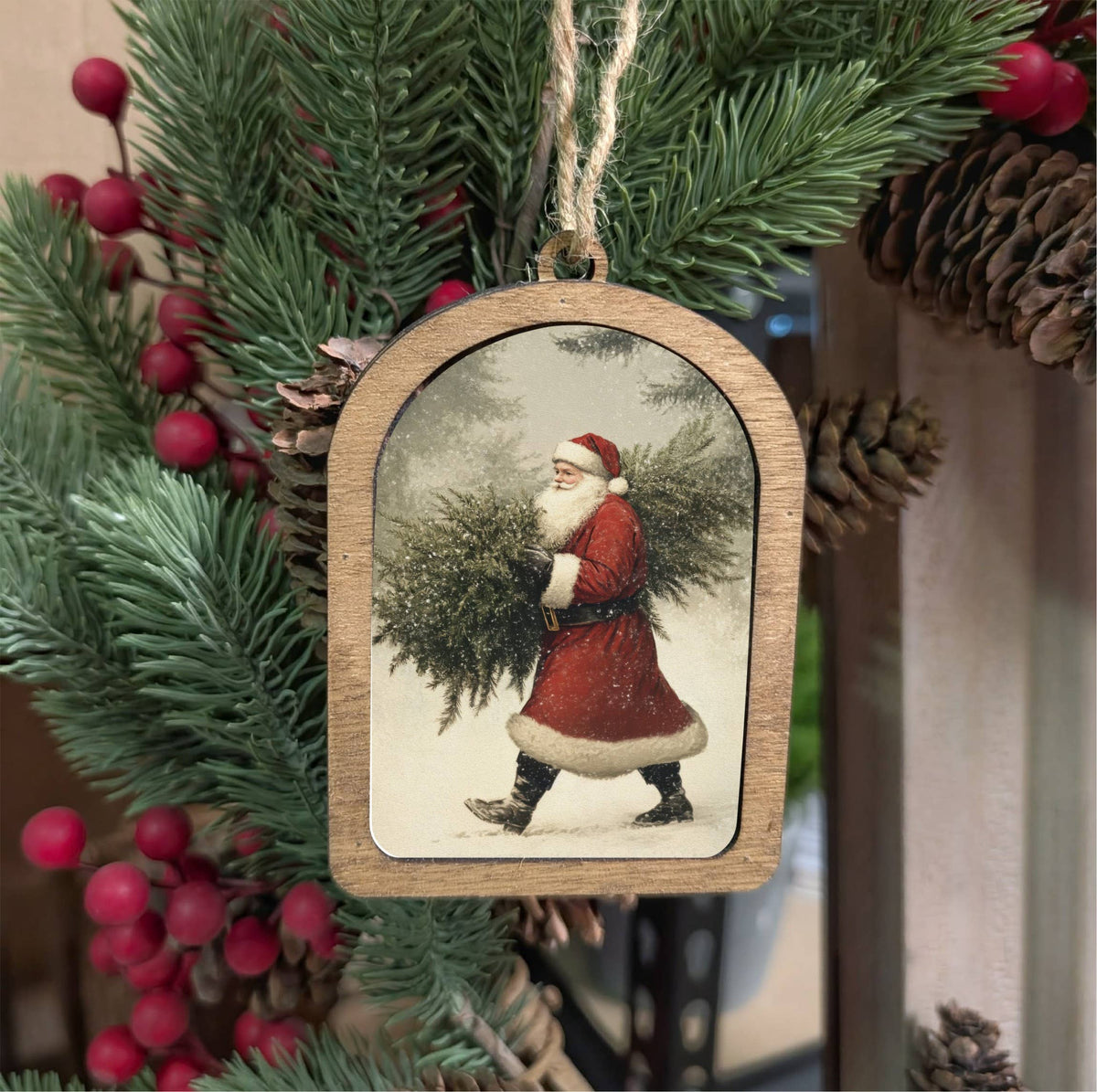 Canvas Arch Ornament Santa With Tree, Feathered Farmhouse