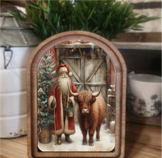 Highland Santa Red Framed Art Arch Top, Feathered Farmhouse