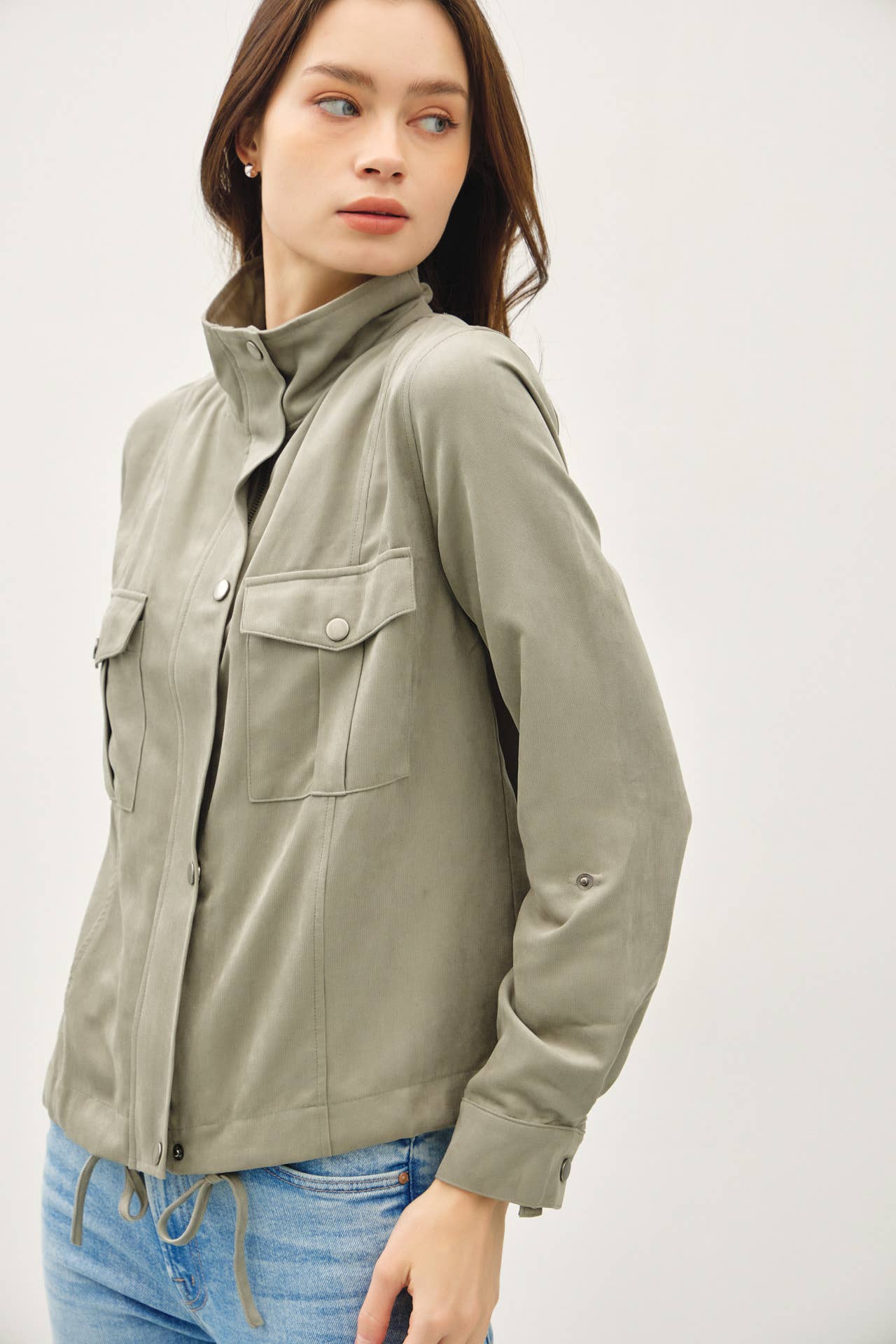 Dusty Sage Cropped Utility Jacket, Feathered Farmhouse