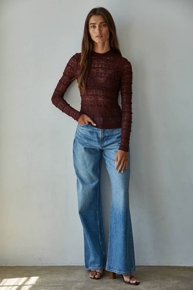 Woven Nylon Cotton Spandex Lace See Through Mock Top, Feathered Farmhouse