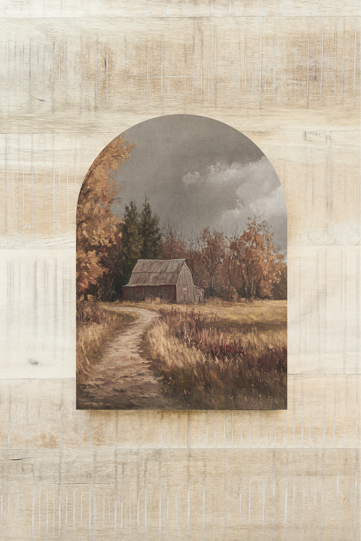 Autumn Barn Scene Arch, Feathered Farmhouse
