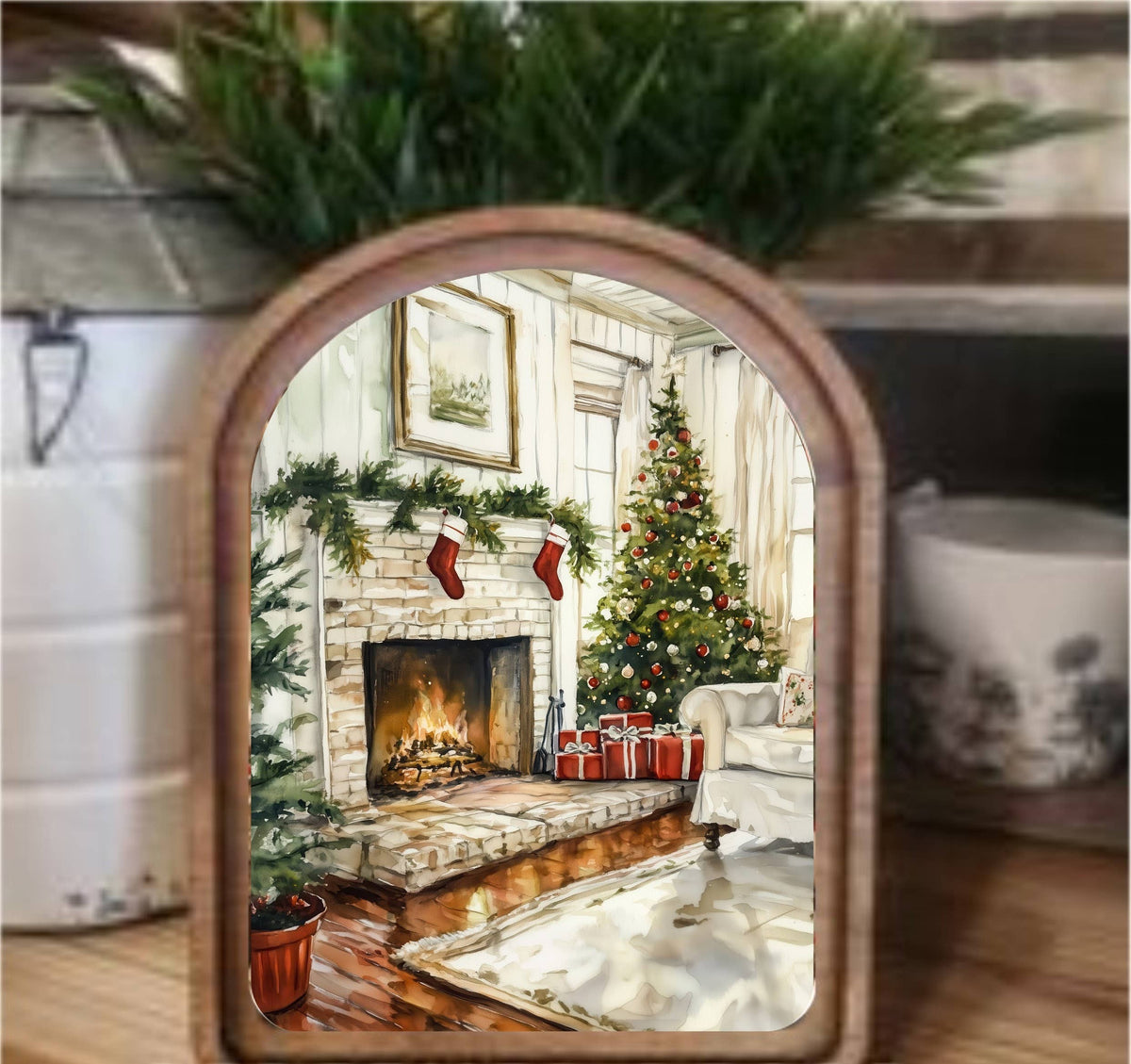 Christmas Fireplace Framed Arch Top, Feathered Farmhouse
