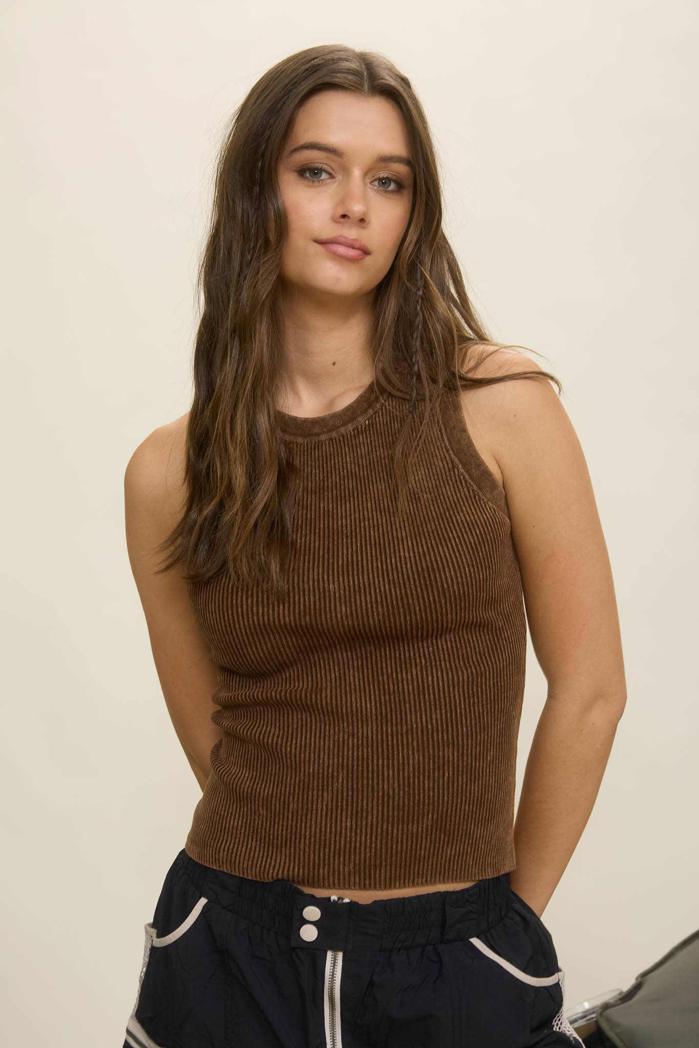 Brown Ribbed Knit Tank Top, Feathered Farmhouse