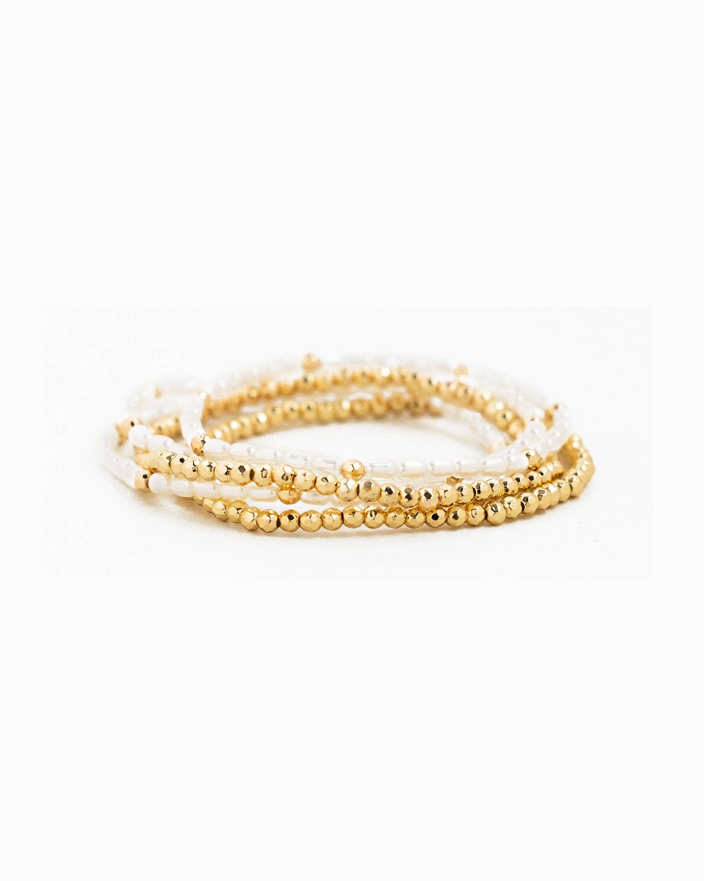 Simple Gold Ball and Pearl Stretch Bracelet Set, Feathered Farmhouse