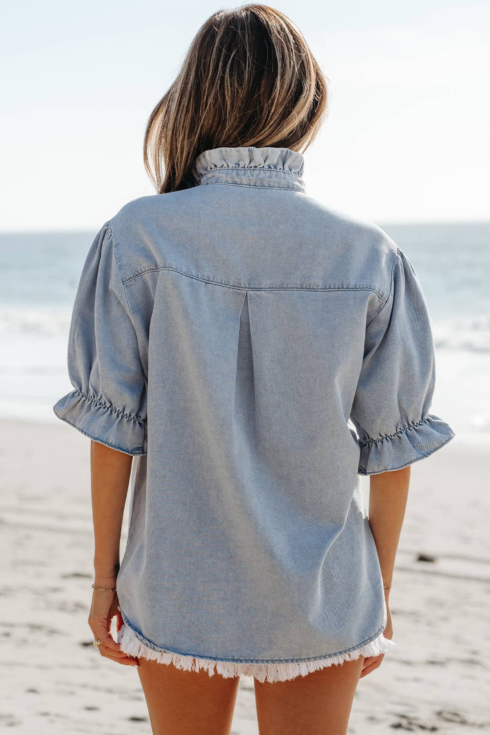 Ruffle Sleeve Chambray Shirt, Feathered Farmhouse