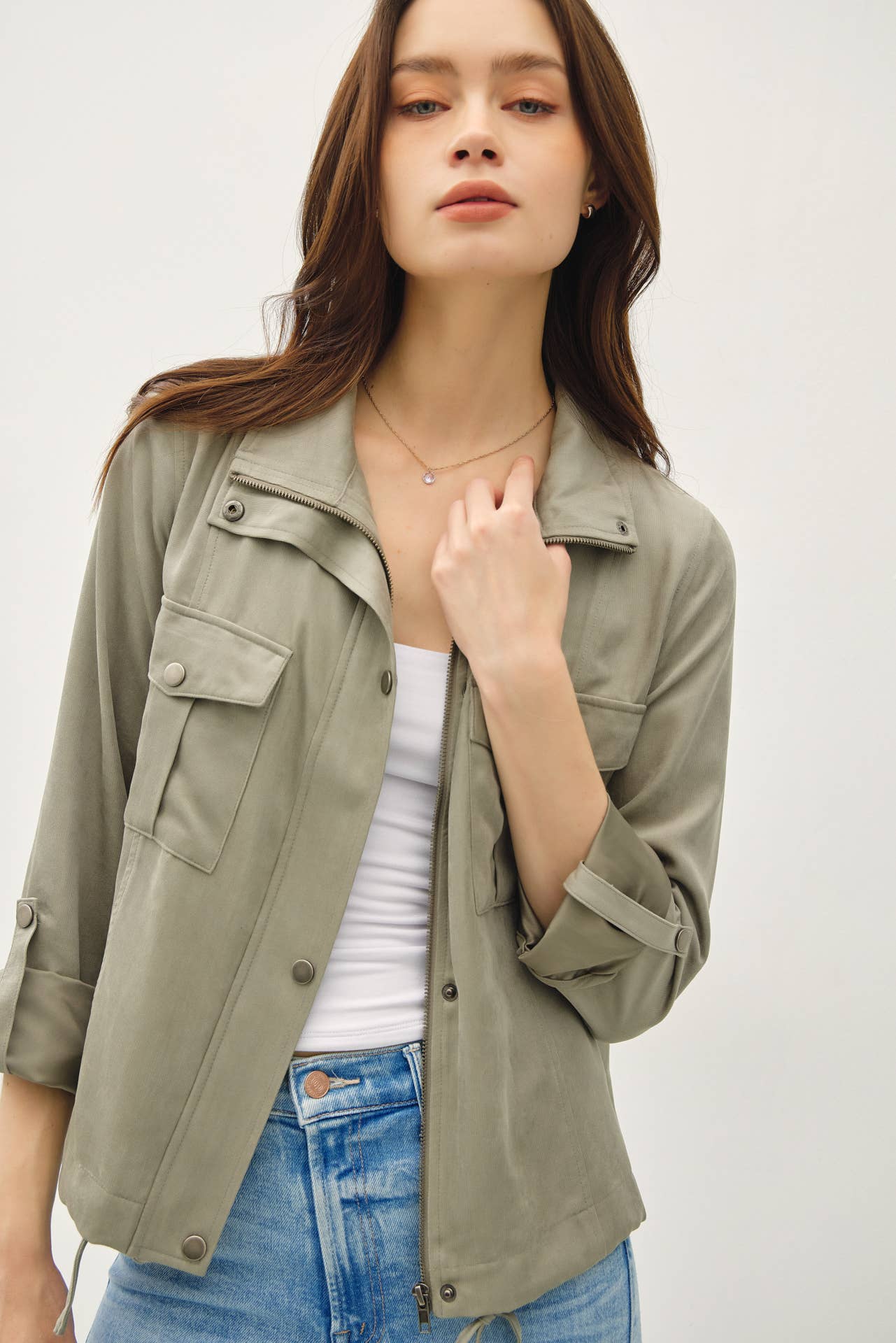 Dusty Sage Cropped Utility Jacket, Feathered Farmhouse