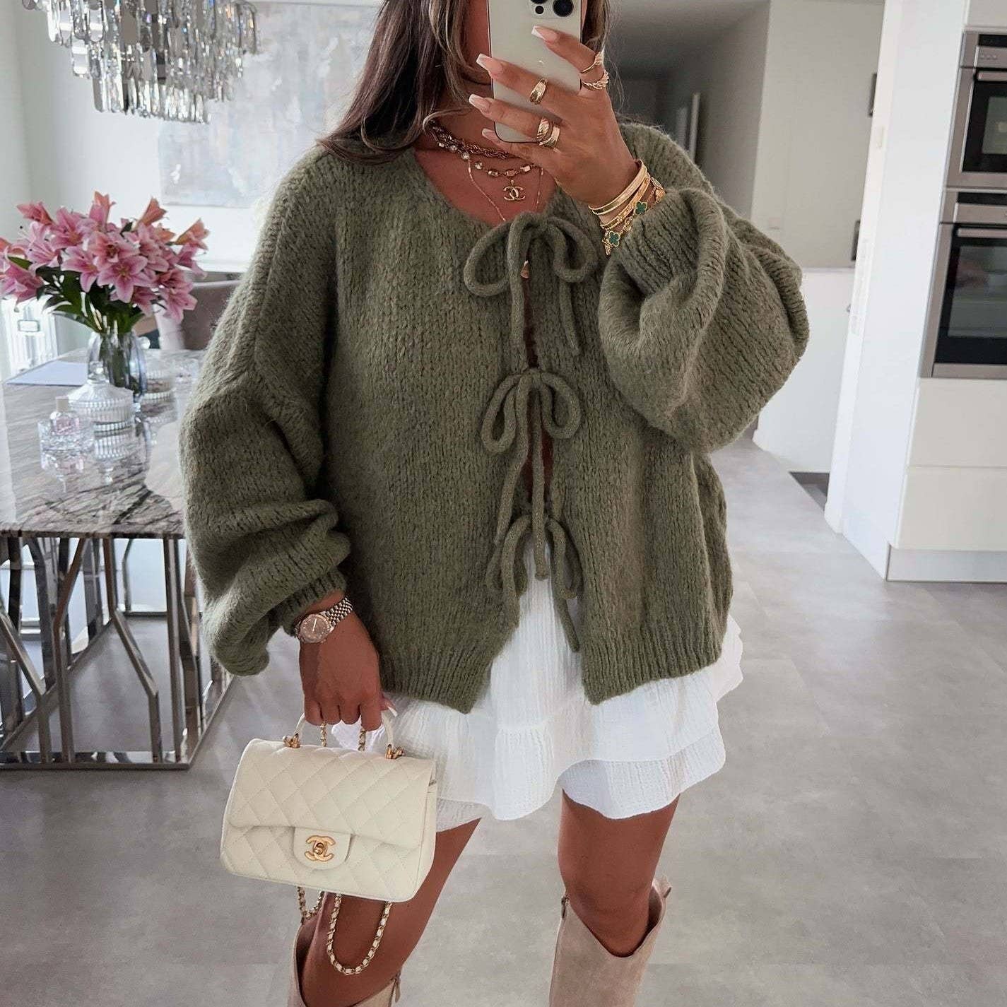 Bow Lace Up Cardigan, Feathered Farmhouse