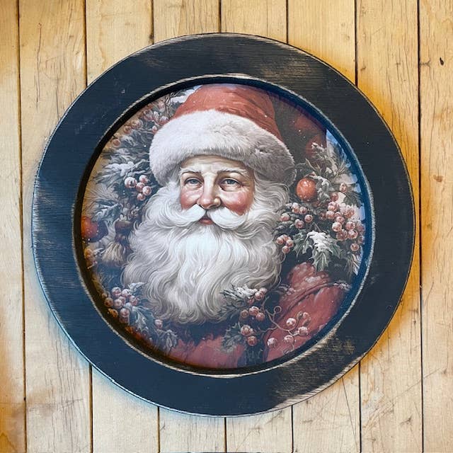 Round Holly Jolly Santa Framed Canvas, Feathered Farmhouse