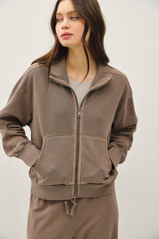 Espresso Acid Wash Zip Up, Feathered Farmhouse