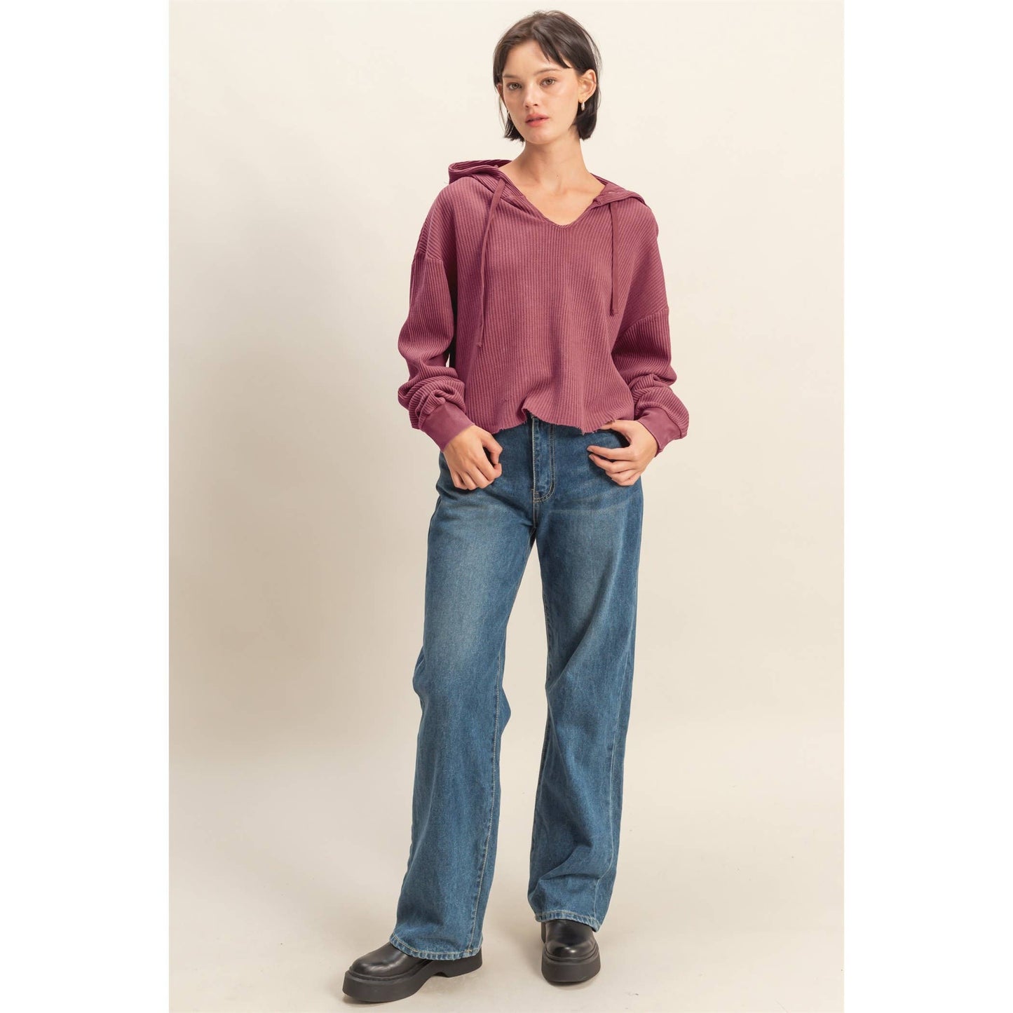 Mineral Washed Cropped Waffle Knit Hoodie, Feathered Farmhouse