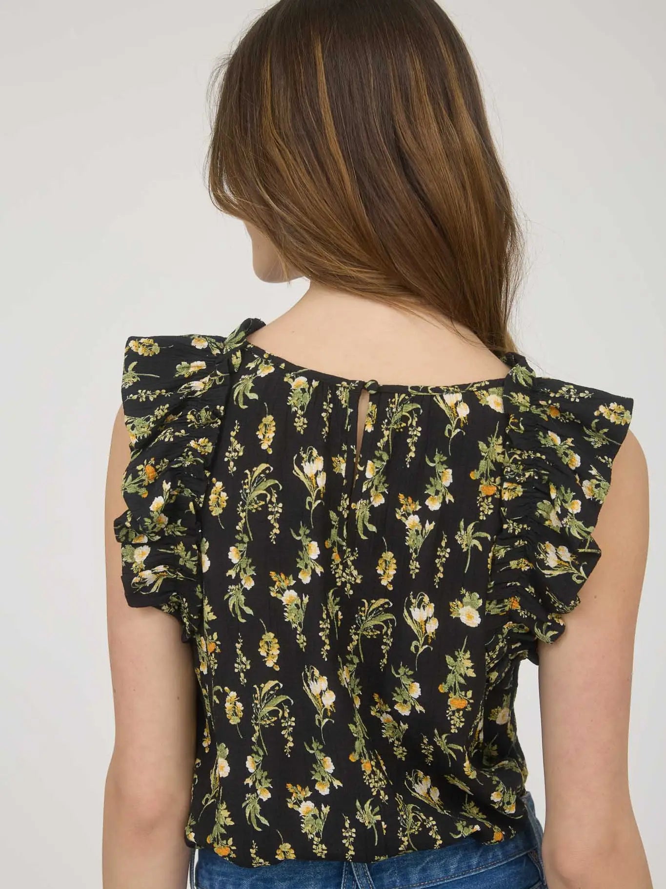 Floral Ruffle Detail Sleeveless Top, Feathered Farmhouse