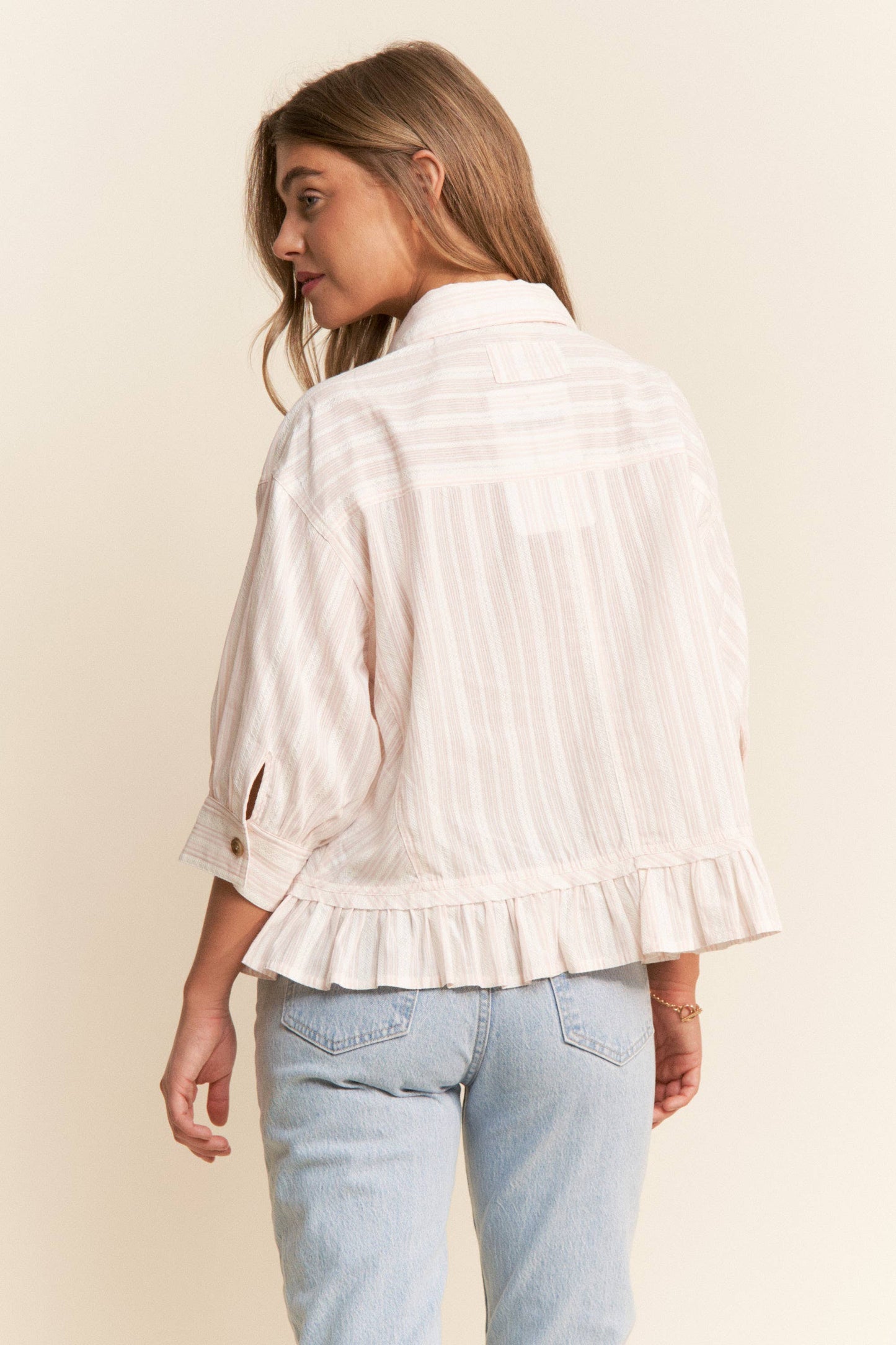 Stripe Jacquard Button Up Pleated Top, Feathered Farmhouse