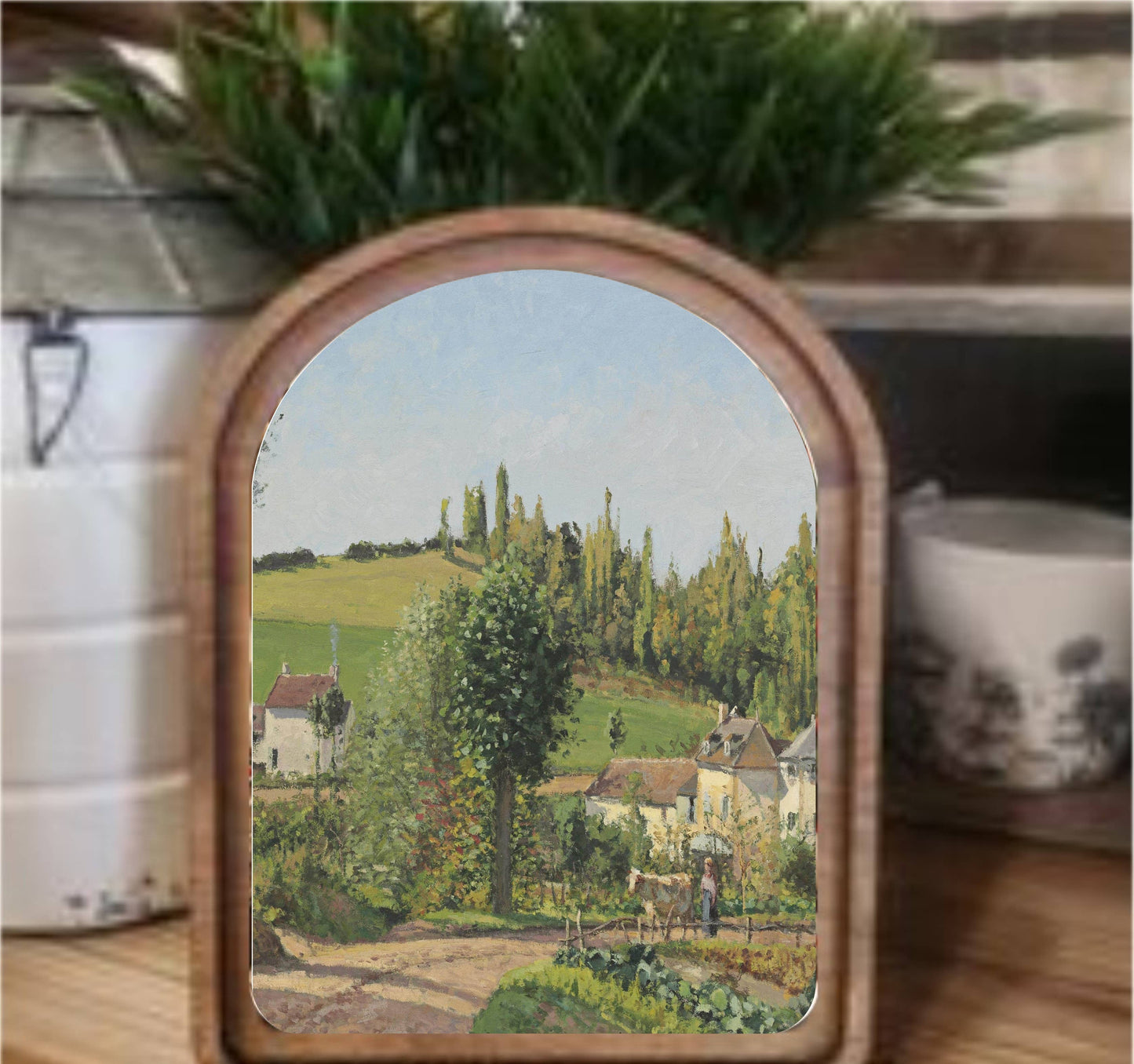 Vintage Countryside Framed Art Arch Top, Feathered Farmhouse