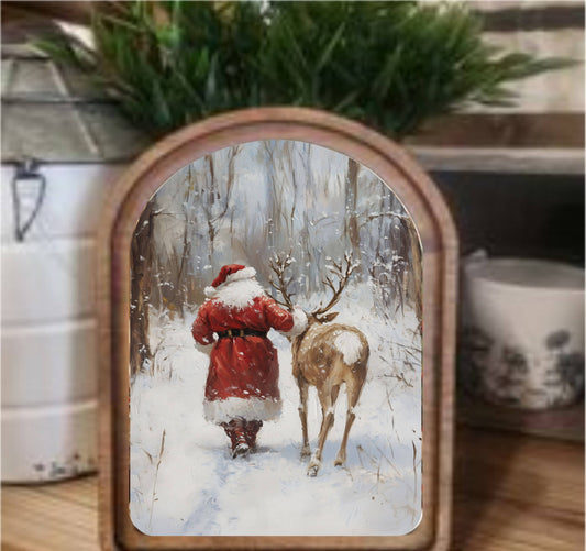 Santa With Reindeer Framed Art Arch Top, Feathered Farmhouse