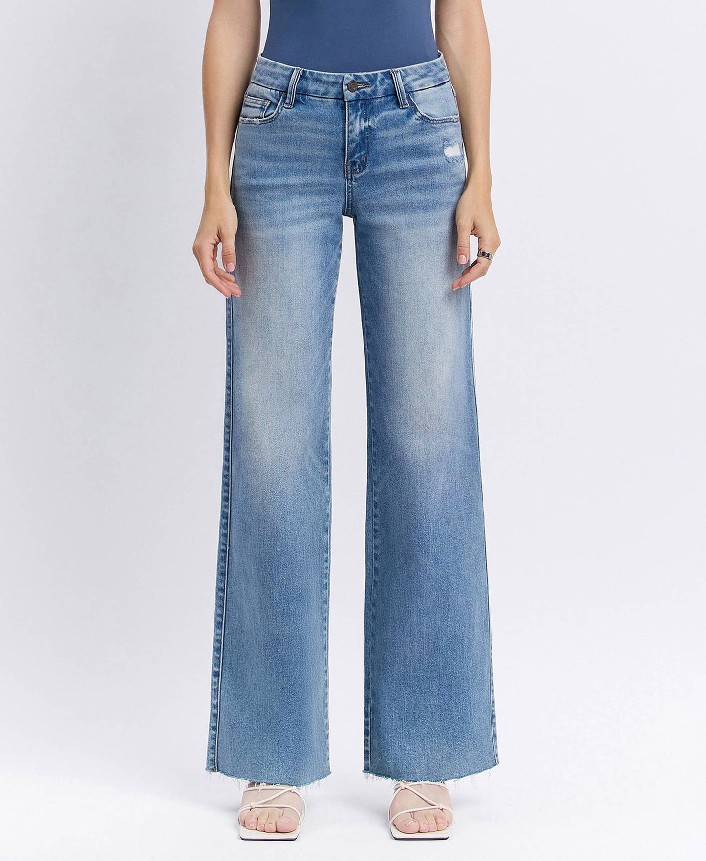 Mid Rise Clean Cut Raw Hem Wide Jeans, Feathered Farmhouse