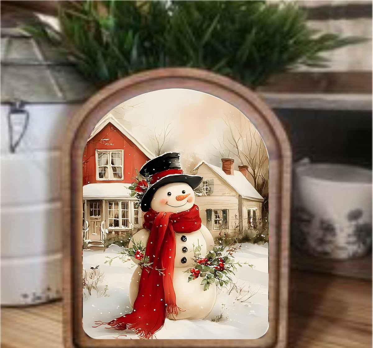 Cozy Christmas Snowman Framed Arch Top, Feathered Farmhouse
