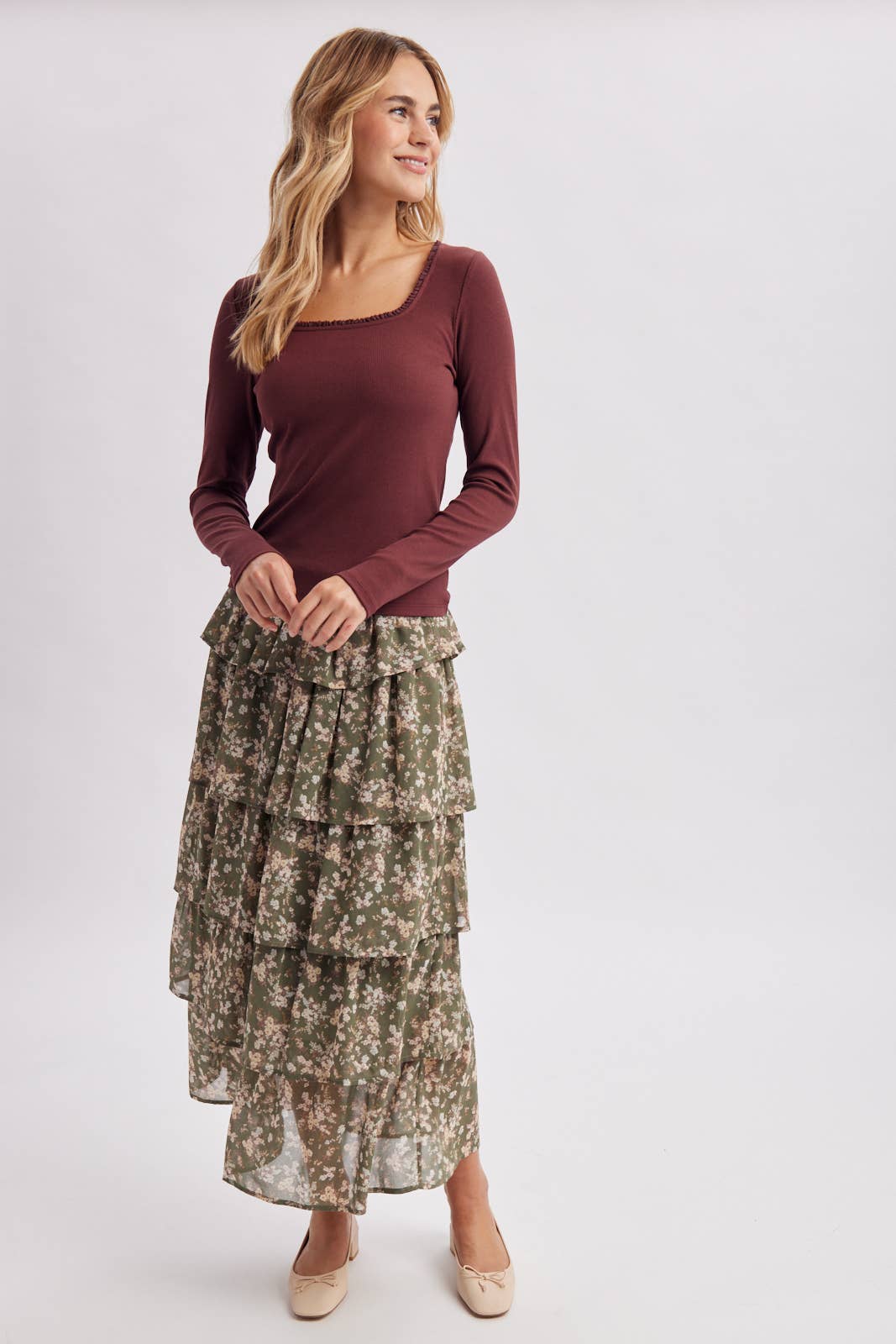 Ditsy Floral Ruffle Tiered Maxi Skirt, Feathered Farmhouse
